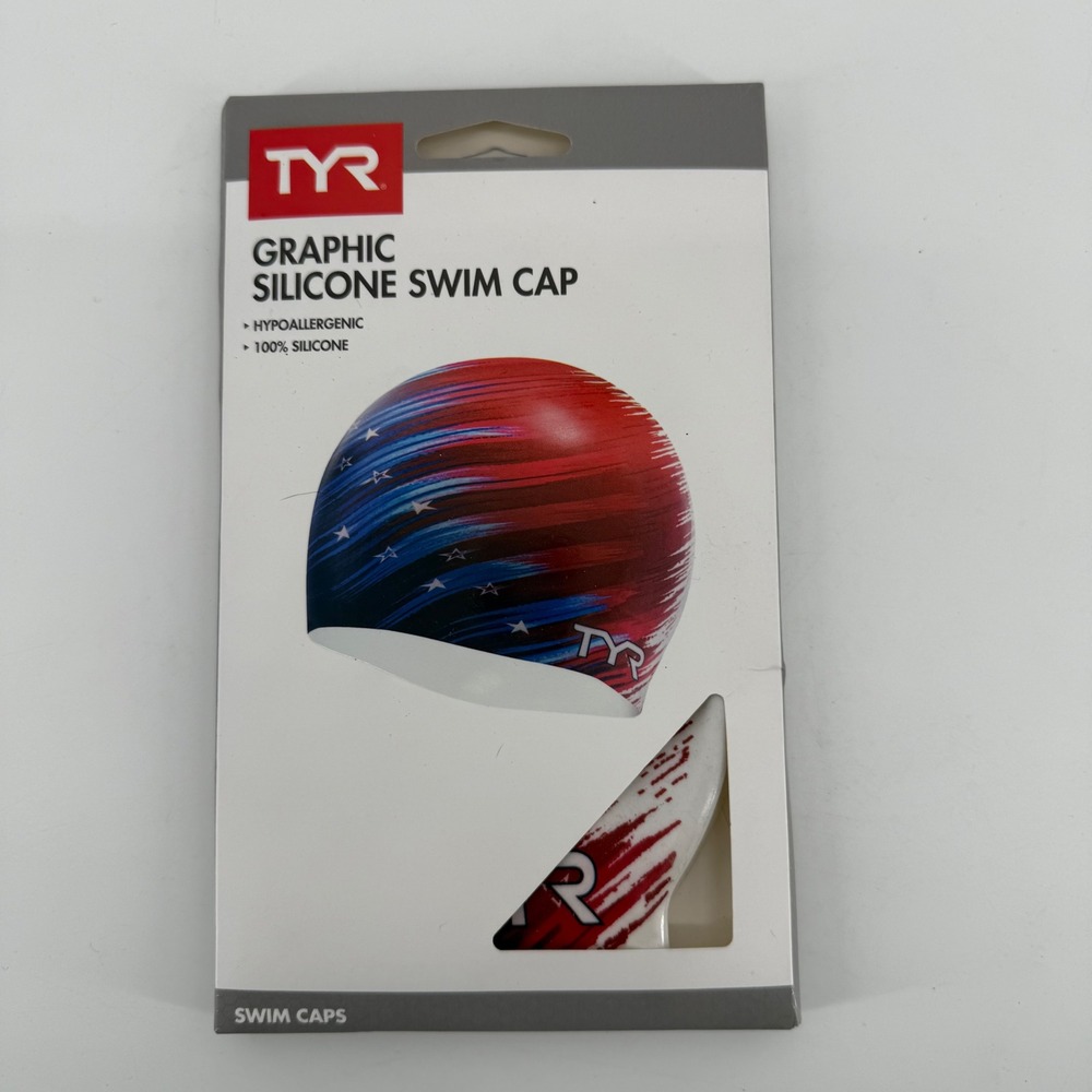 TYR Graphic Silicone Swim Cap USA Red White Navy Blue Stars Adult‎ LCSVLN NEW